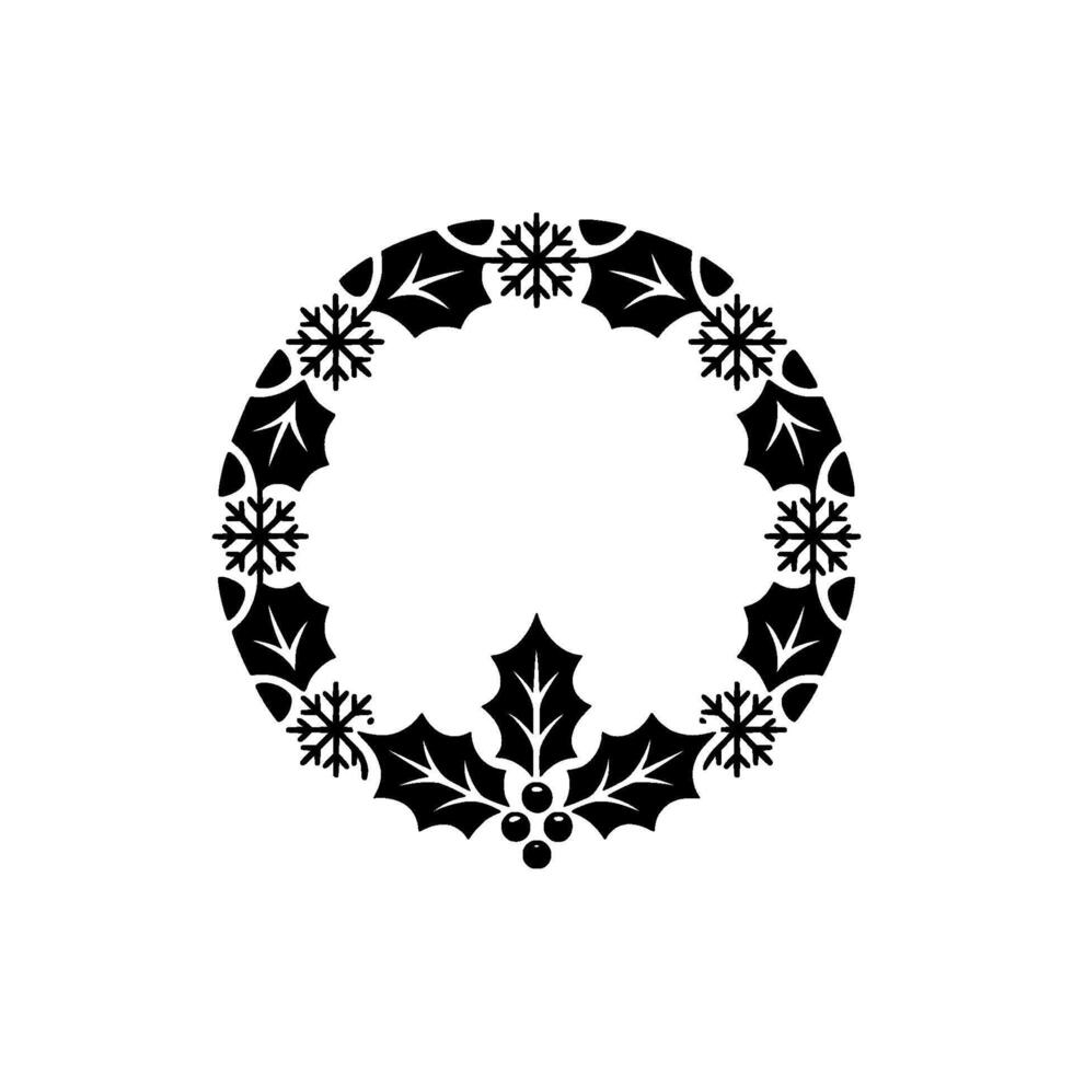 Minimalist Christmas Wreath with Holly and Snowflakes - Winter vector