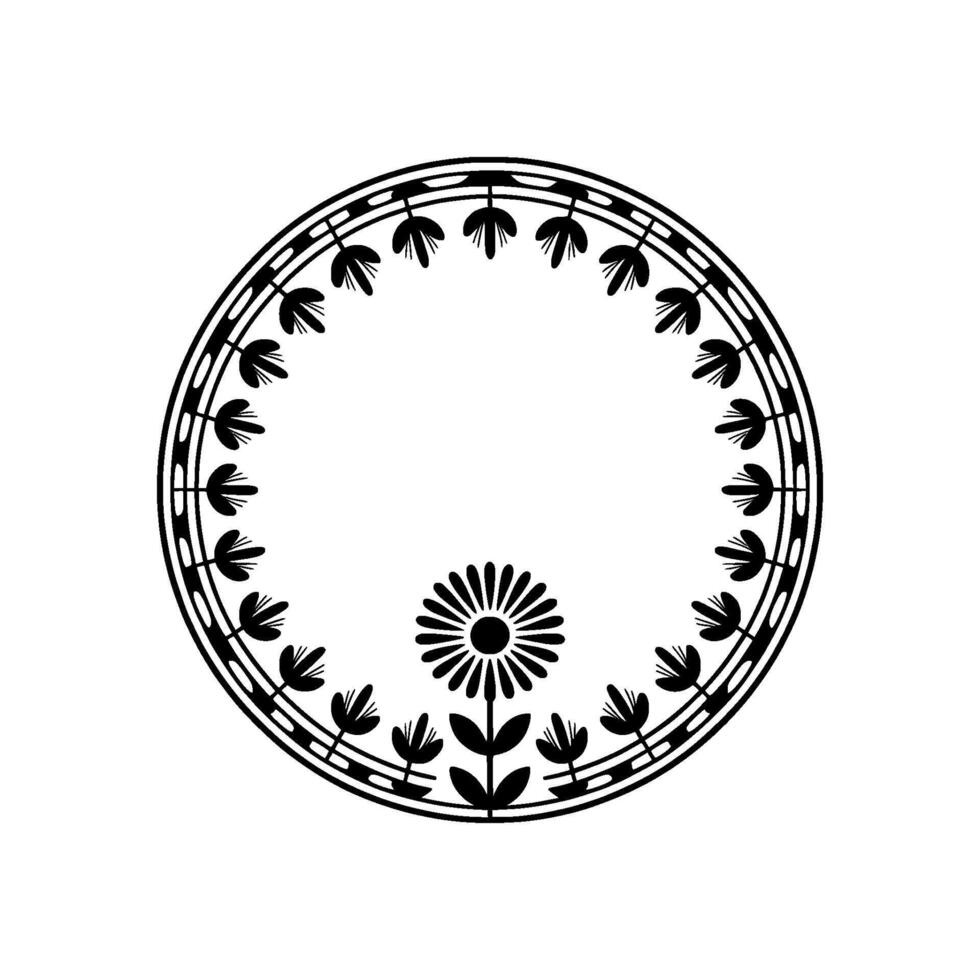 Minimalist Floral Circle Black White Decorative Element vector