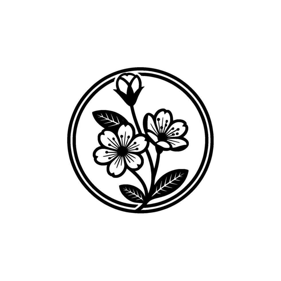 Minimalist Floral Emblem in Circle, Black and White vector