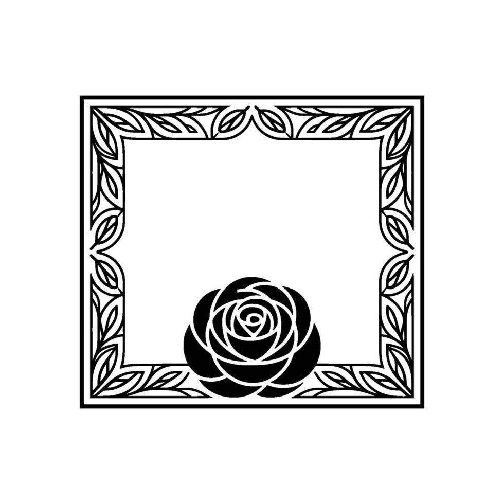 Elegant Floral Frame with Rose and Leafy Border, Black and White vector