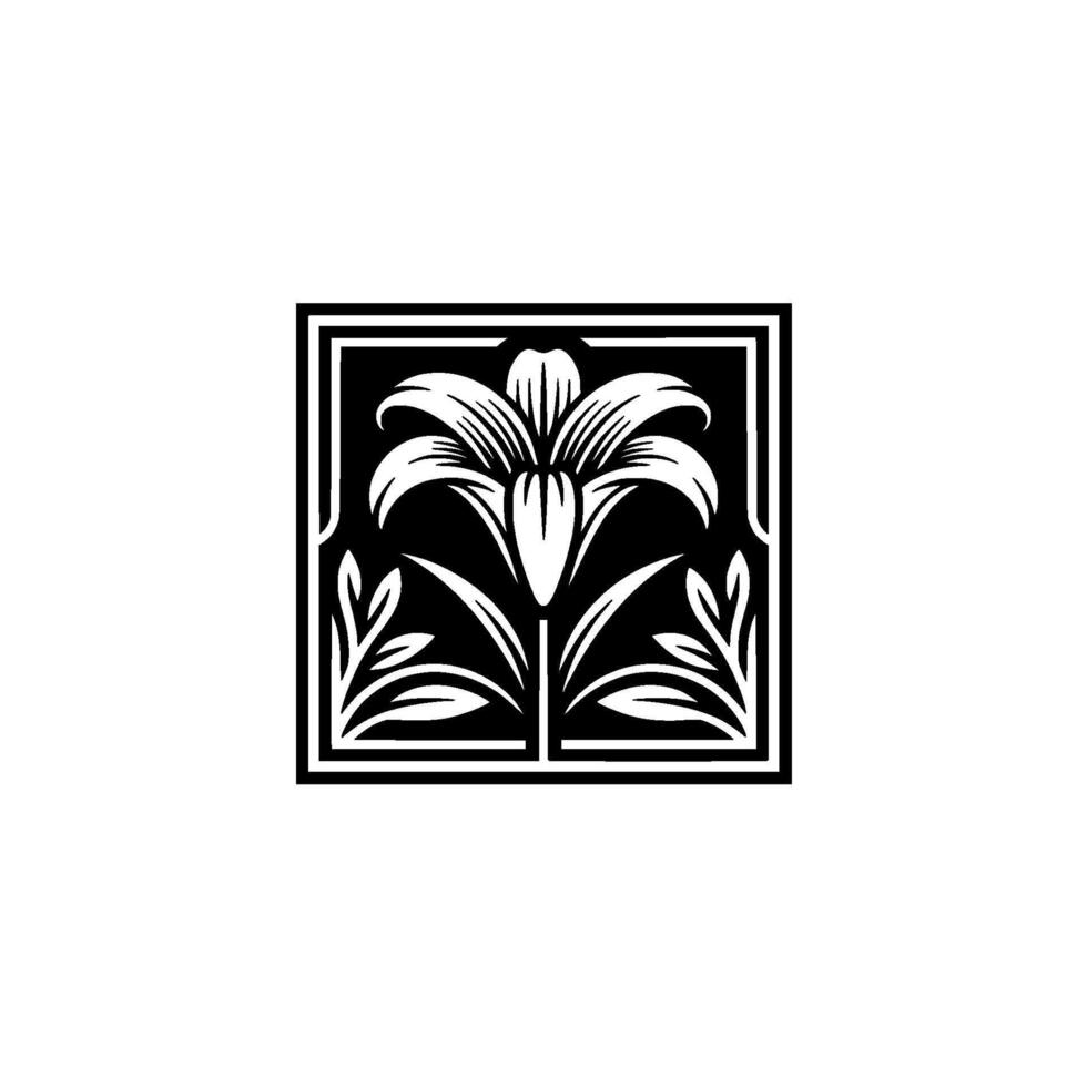 Elegant Lily Illustration Black and White Floral in Square Frame vector