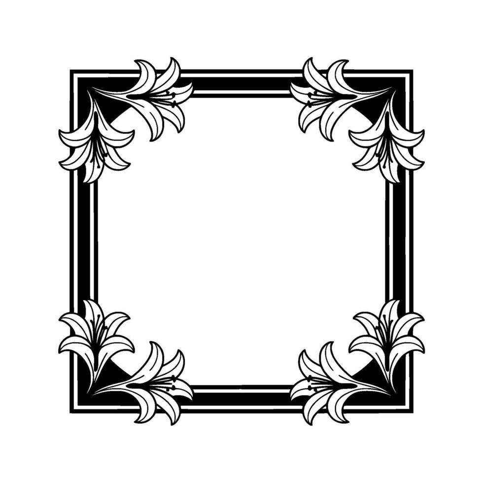 Elegant Floral Frame with Lilies in Black and White - Border vector