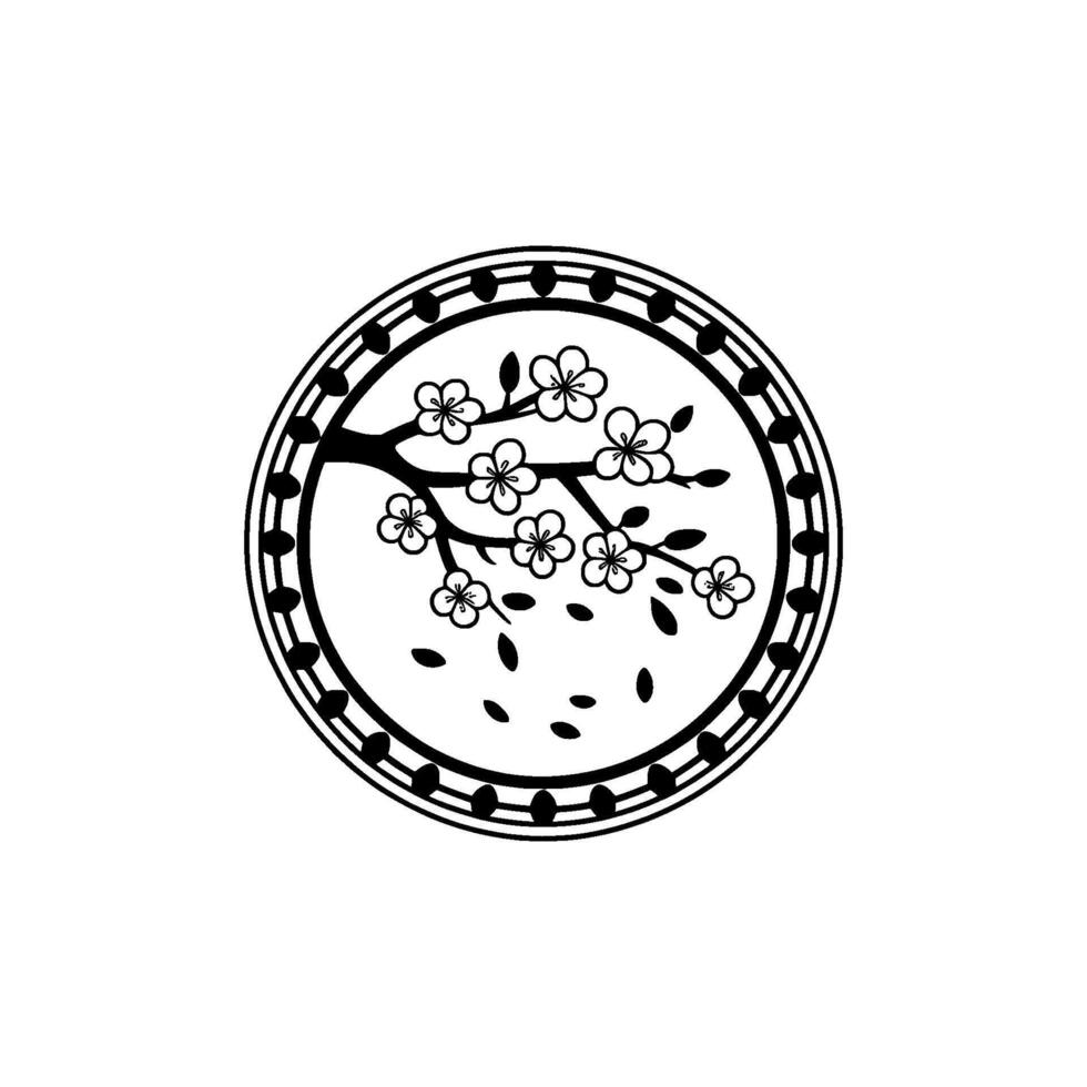 Elegant Cherry Blossom Circle Illustration, Minimalist Black White vector