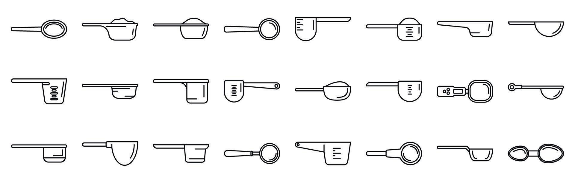 Measuring scoop icons set. Measuring spoons and cups icons showing different volumes for precise cooking and baking vector
