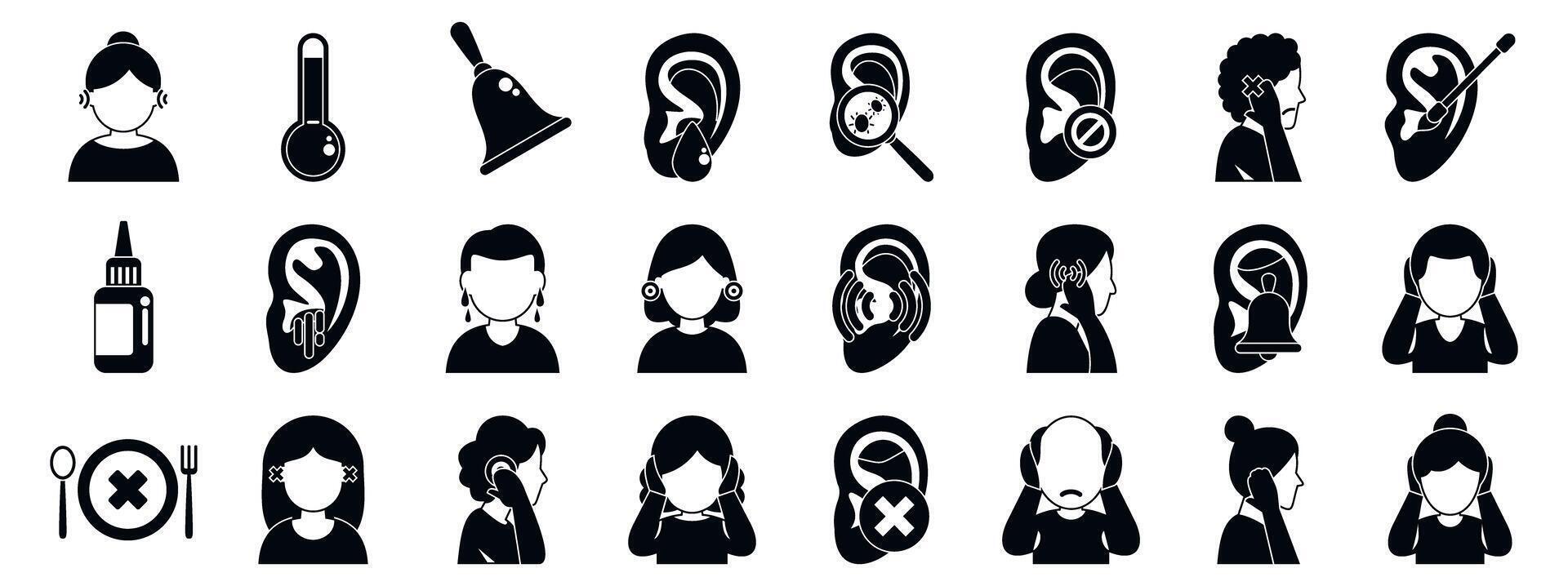 Otitis symptoms icons set. Patients experiencing hearing loss symptoms and consulting doctors vector