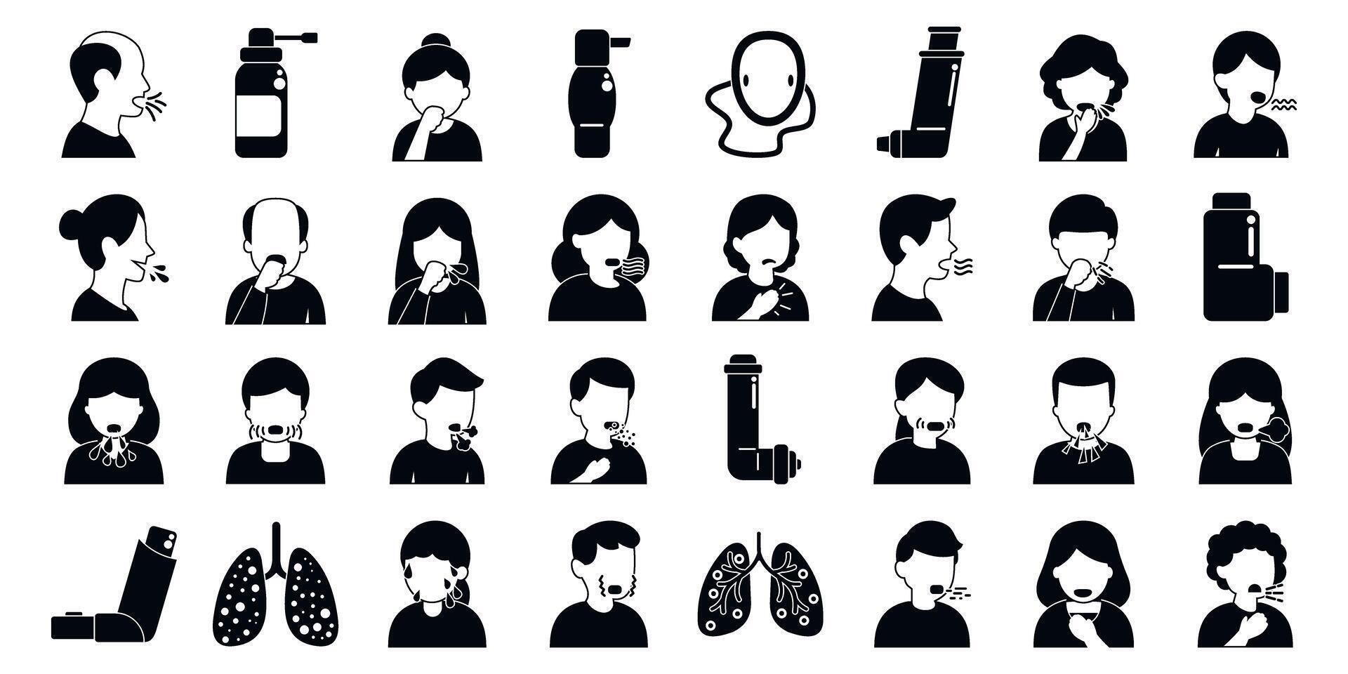 Asthma symptoms icons set. People coughing and showing symptoms of respiratory diseases, using inhalers and nebulizers vector