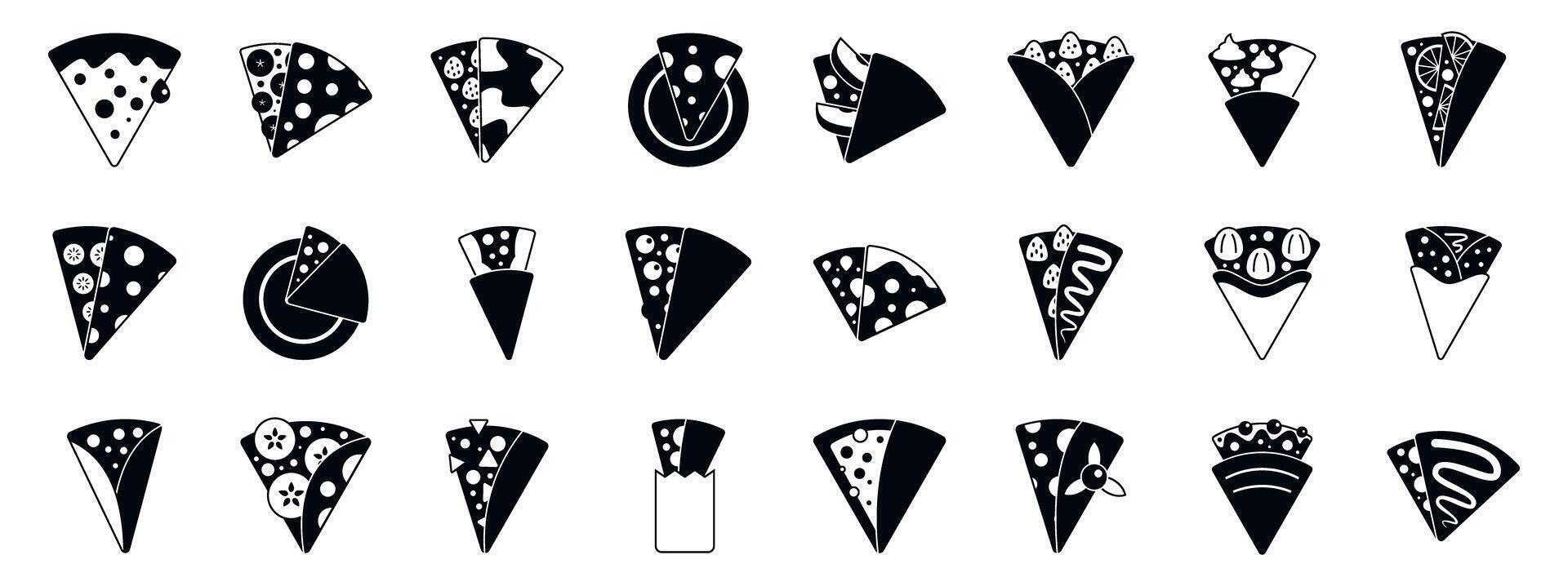 Sweet crepe icons set. Crepe icons showing variety of fillings and toppings vector