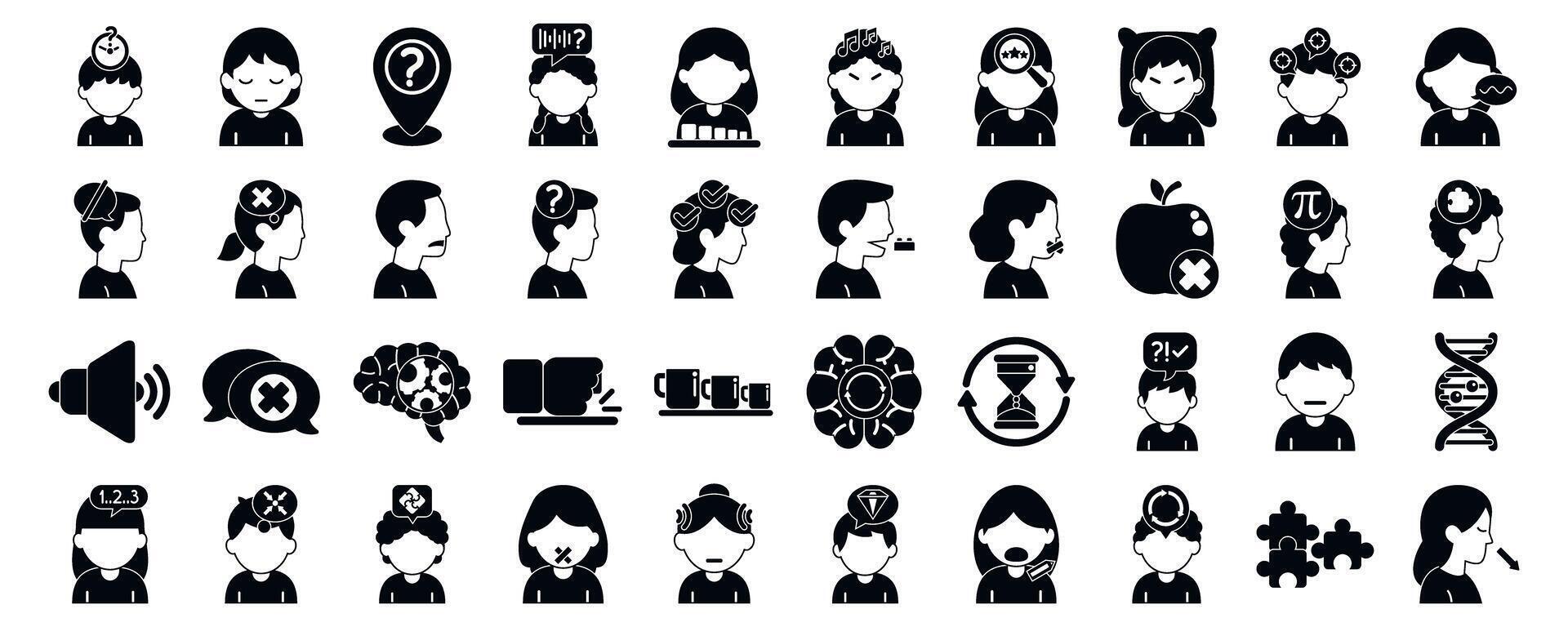 Autism symptoms icons set. People experiencing various mental states and emotions, including anxiety, stress, confusion, and relaxation vector