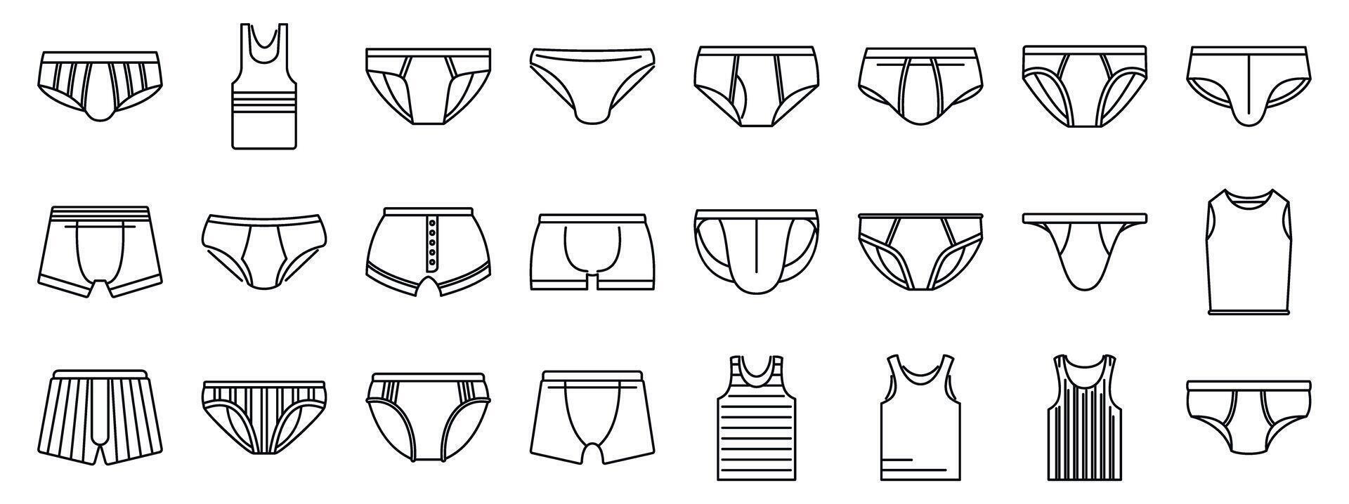 Man underwear icons set. Men s underwear and tank top icons showing various styles and designs vector