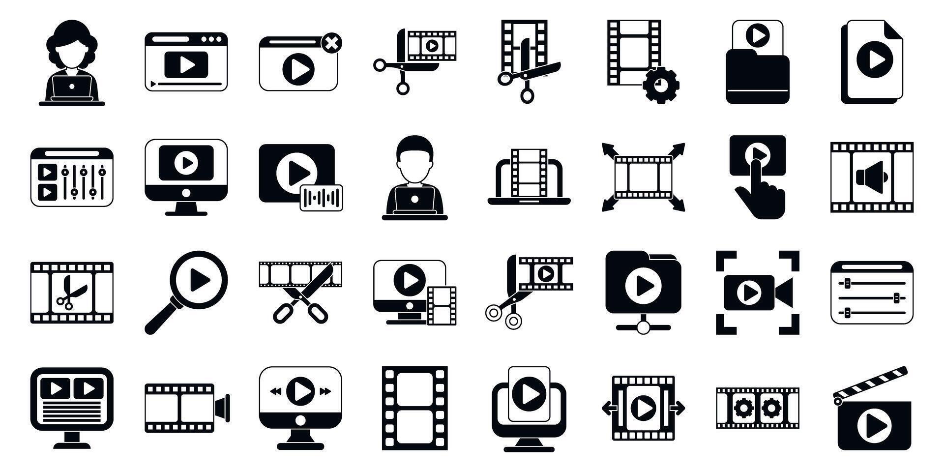 editor icons set. editing software and film production icons set featuring cutting, playback, and sound design elements vector