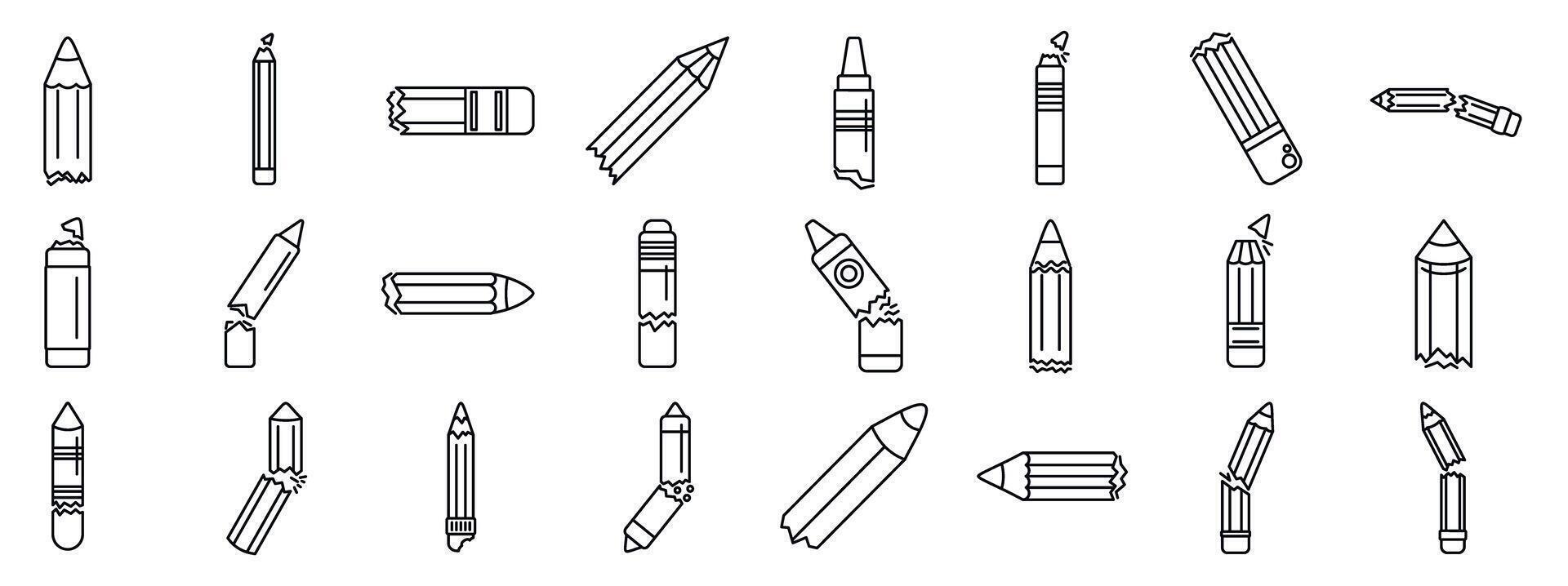 Broken pencil icons set. Broken pencils and crayons showing different types of damage vector