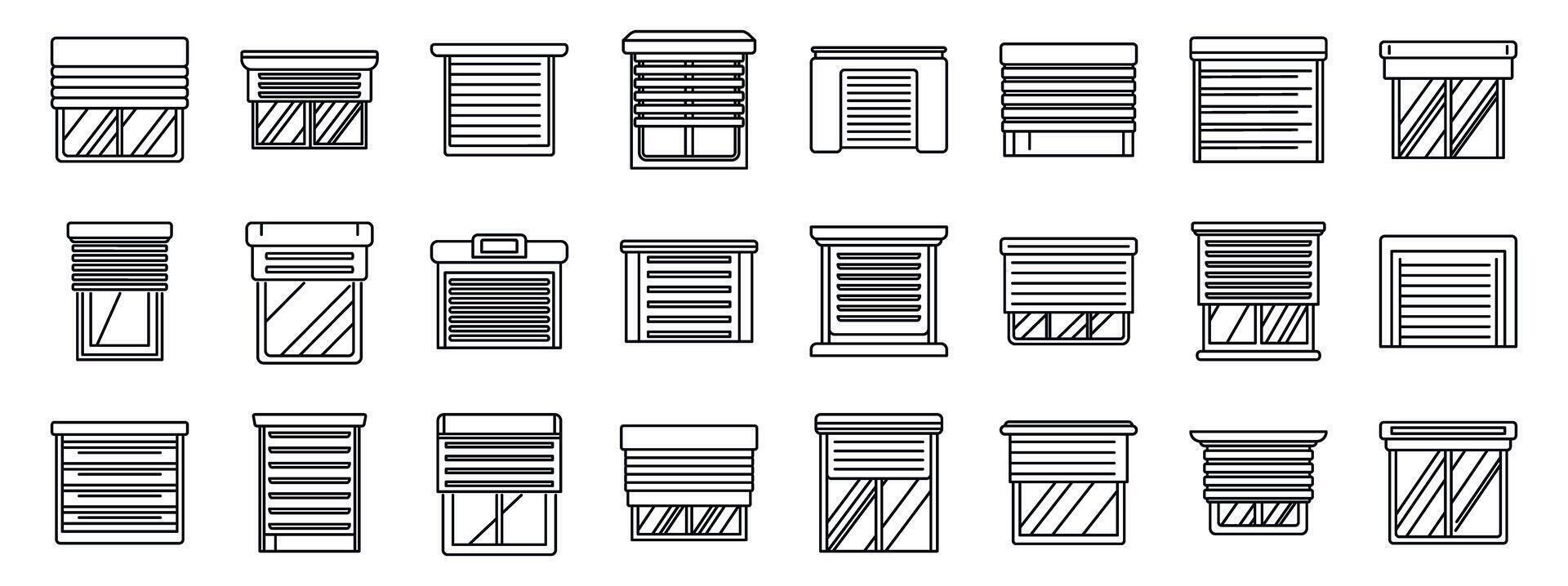 Roller shutter up icons set. Window covering showing roller, venetian, roman, and pleated blinds protecting from sunlight vector