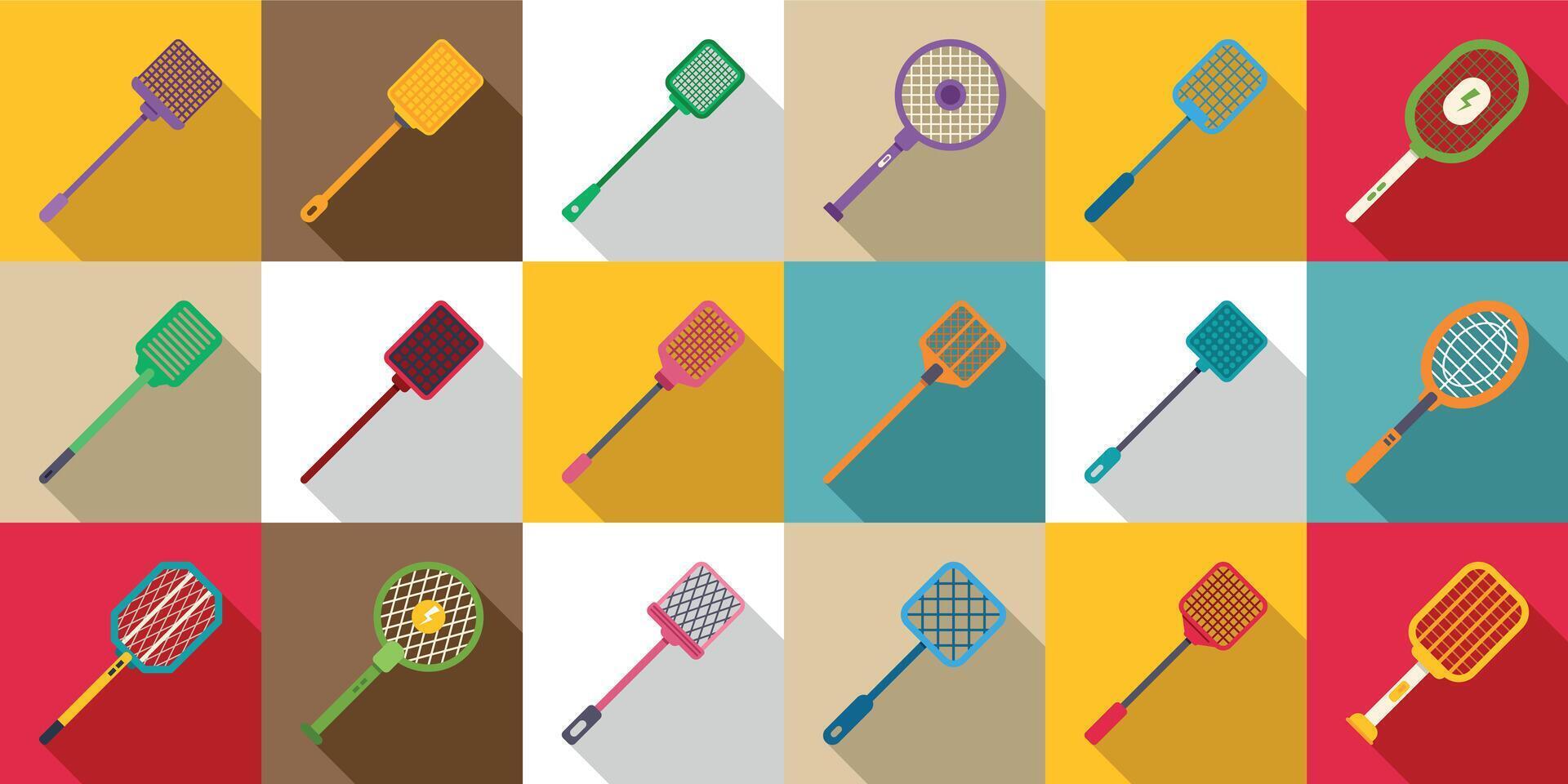 Fly swatter icons set. Flyswatters icons set showing different types of bug killing tools vector
