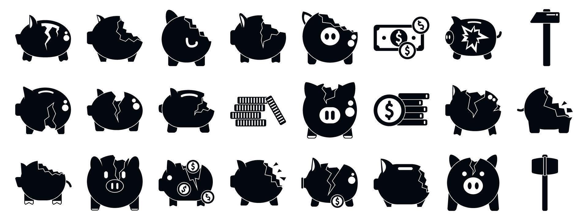 Black and white piggy bank icons set vector