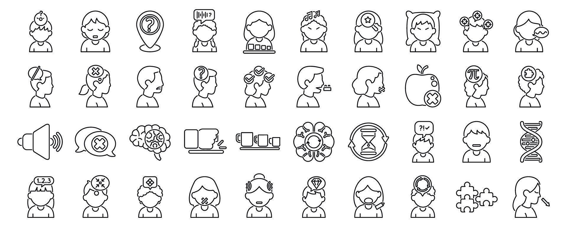 Autism symptoms icons set. People experiencing various mental states and cognitive processes, including stress, confusion, sleep, focus, and decision making vector