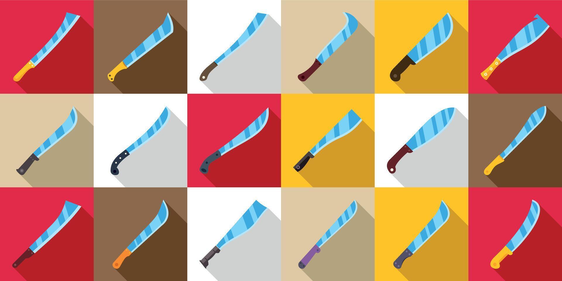 Machete knife icons set. Machete icons showing sharp blades for cutting and chopping vector