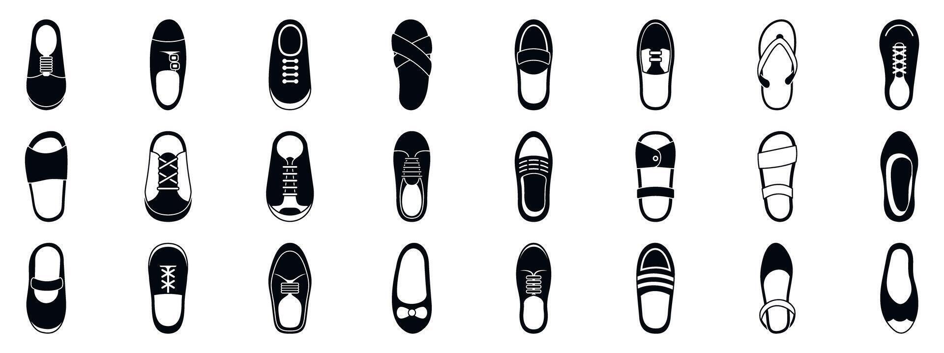 Shoes top view icons set. Children s footwear collection showcasing various styles vector
