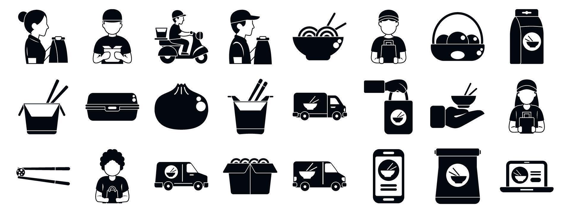 Chinese food delivery icons set. Food delivery service providing hot noodle dishes and asian cuisine using scooter, truck, and mobile app vector