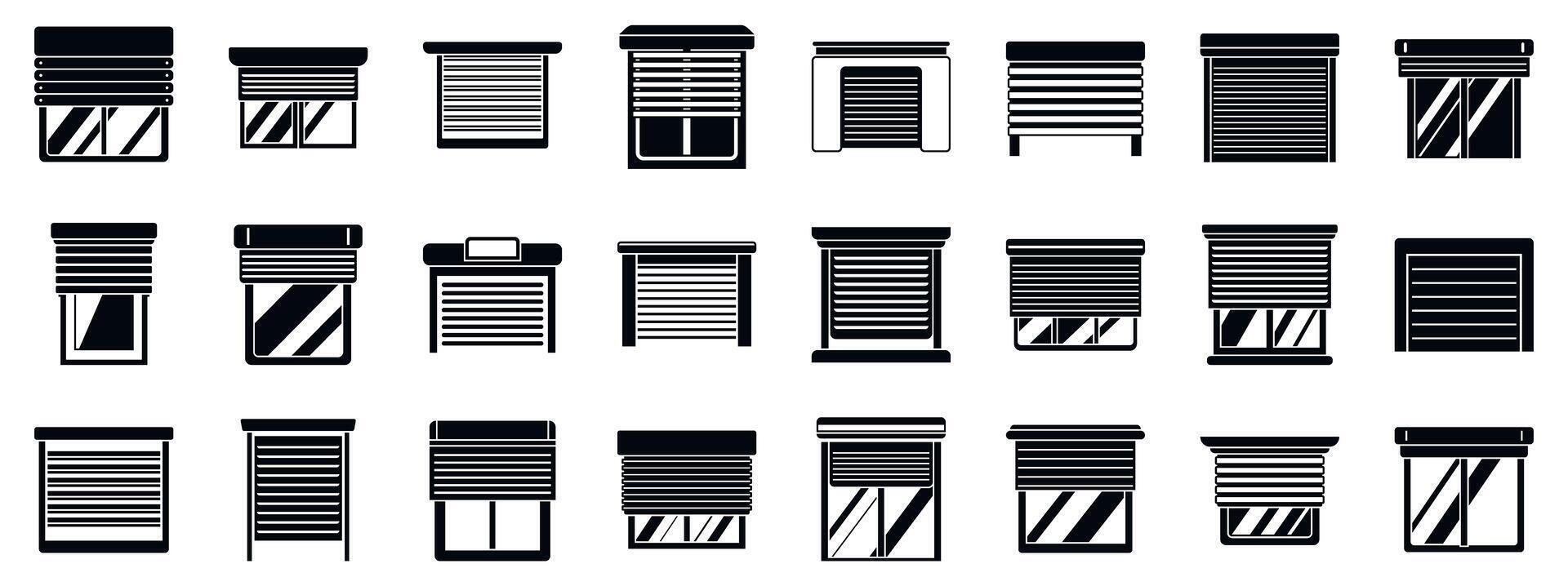 Roller shutter up icons set. Window roller shutters protecting house and office building vector