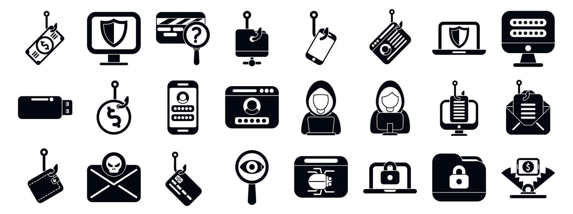 Bait hacking icons set. Cyber security threats and phishing attacks stealing sensitive data vector