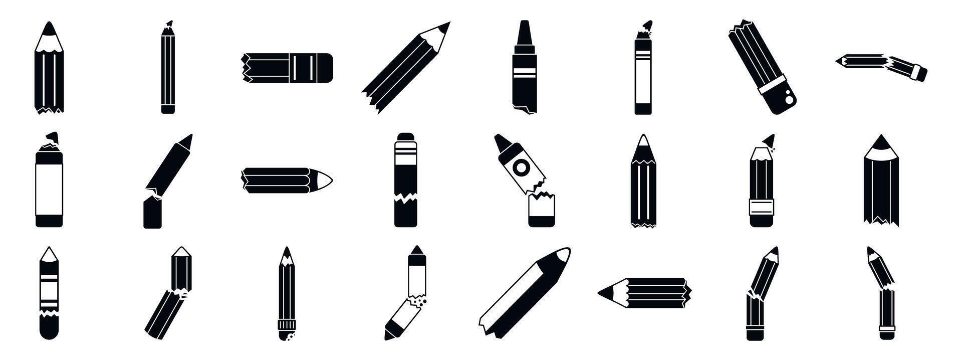 Broken pencil icons set. Broken pencils and crayons showing different ways of breaking vector