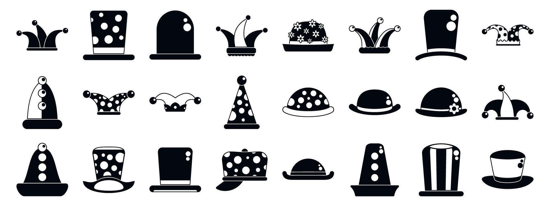 Clown hat icons set. Funny hats showing jester, clown, magician and comedian style headwear vector