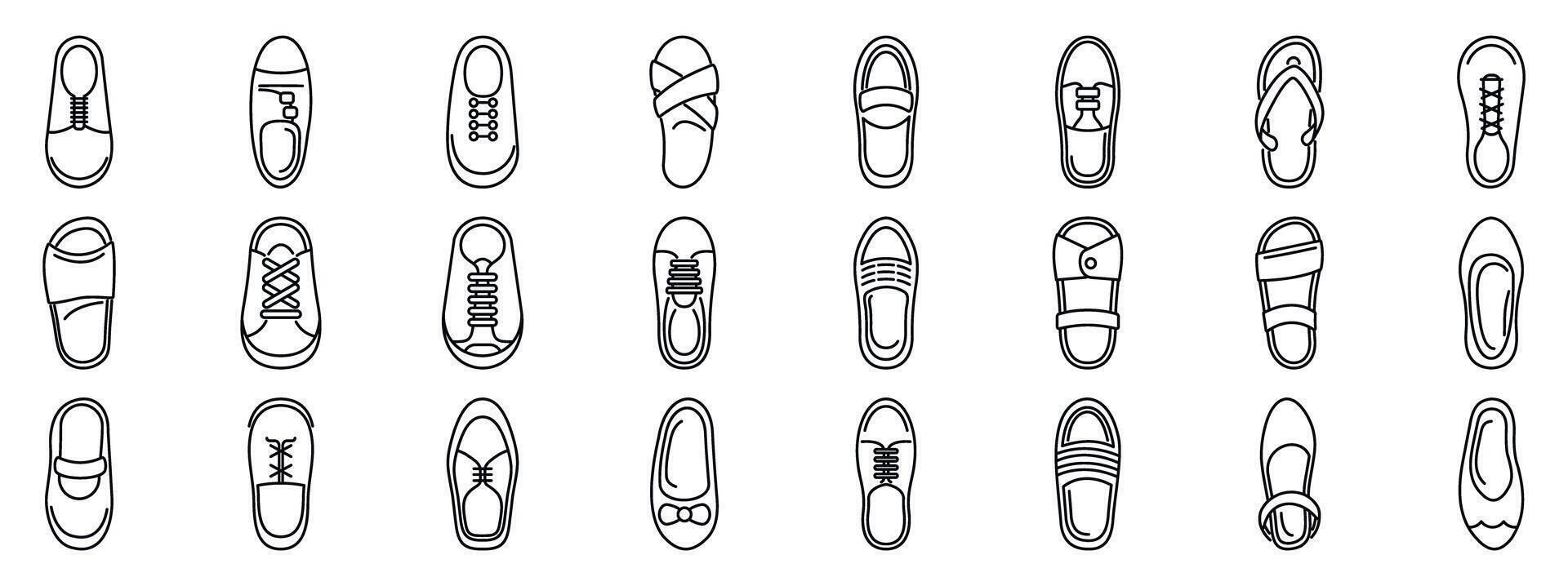 Shoes top view icons set. Large set of minimalist shoes icons representing different styles and purposes vector