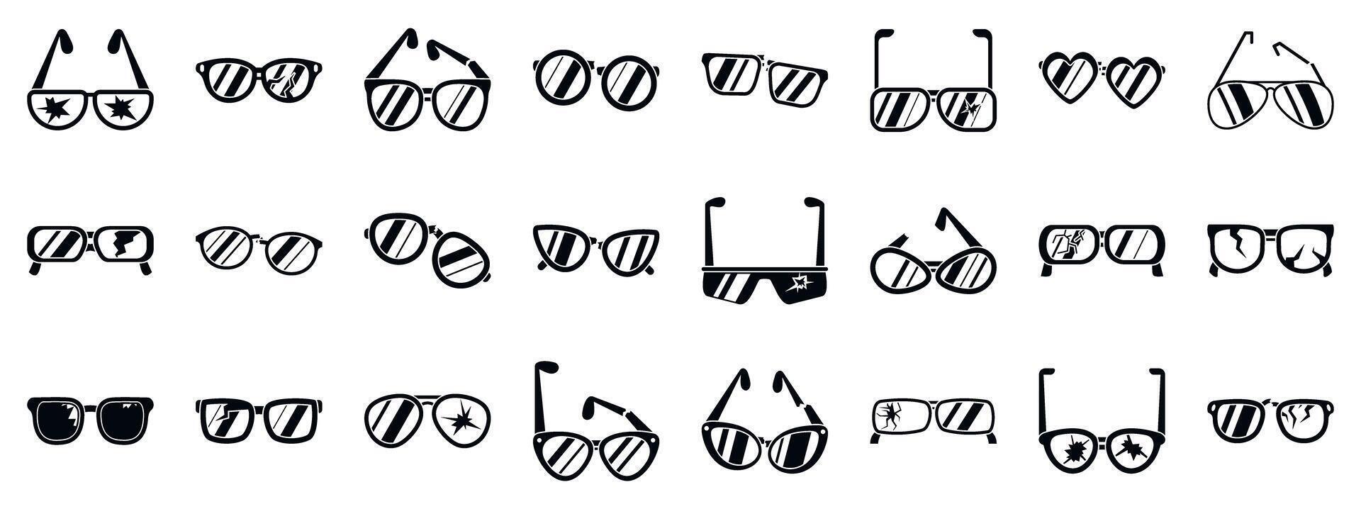 Broken glasses icons set. Sunglasses icons set showing different styles and conditions of eyewear vector
