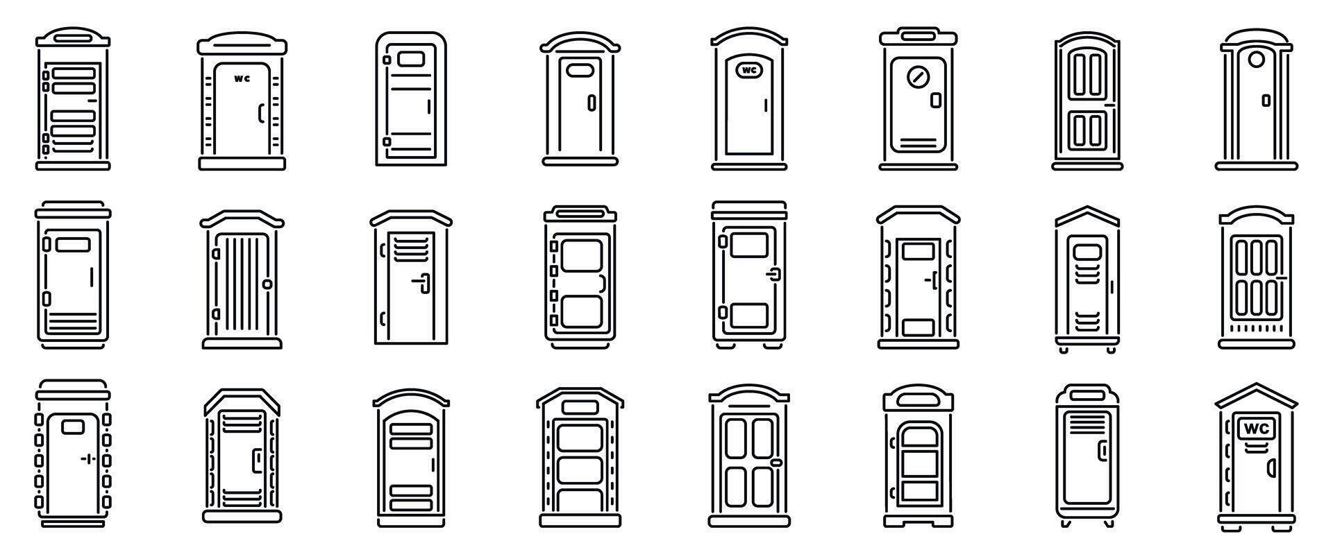 Bio toilet icons set. Set of bio toilets showing different designs and styles for outdoor events and construction sites vector