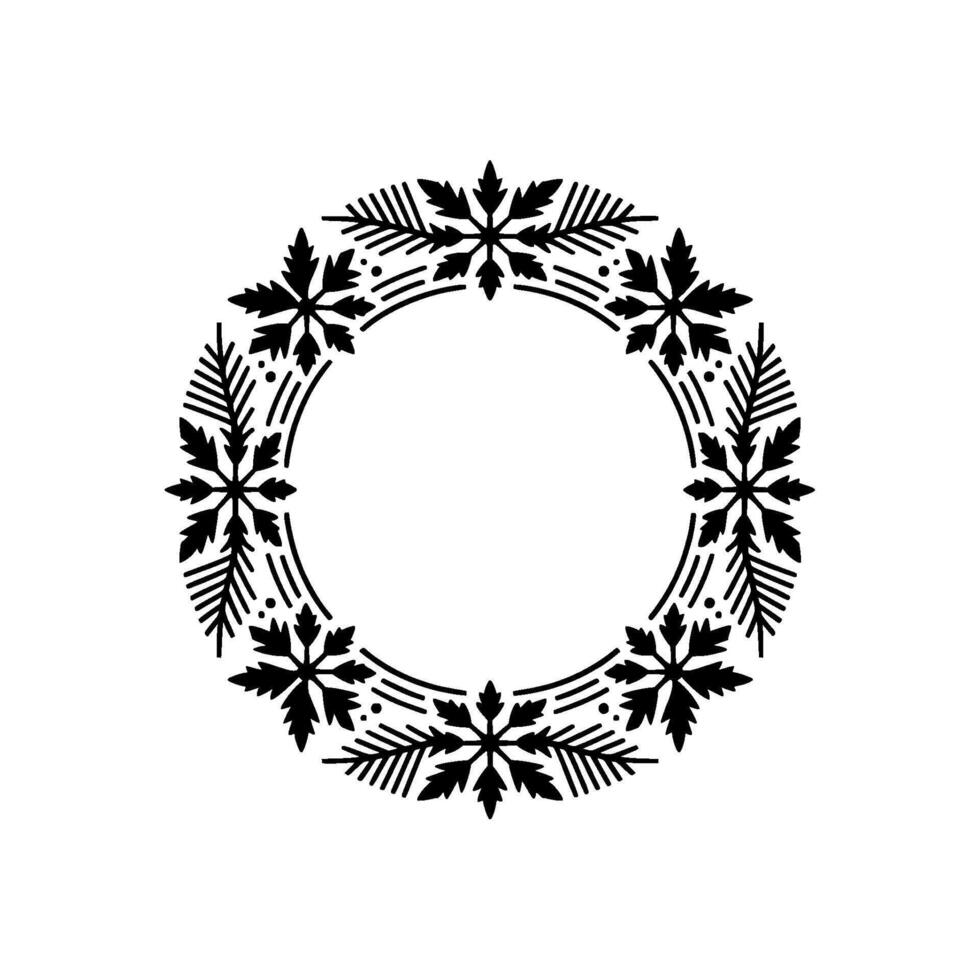 Minimalist Snowflake Wreath Illustration, Black on White, Holiday vector