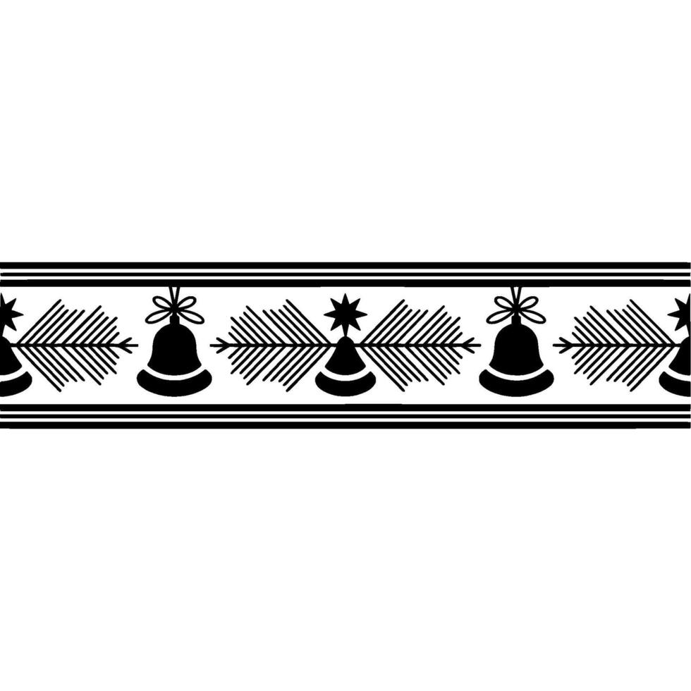 Simple Holiday Border Black Bells, Stars, and Pine on White Background vector