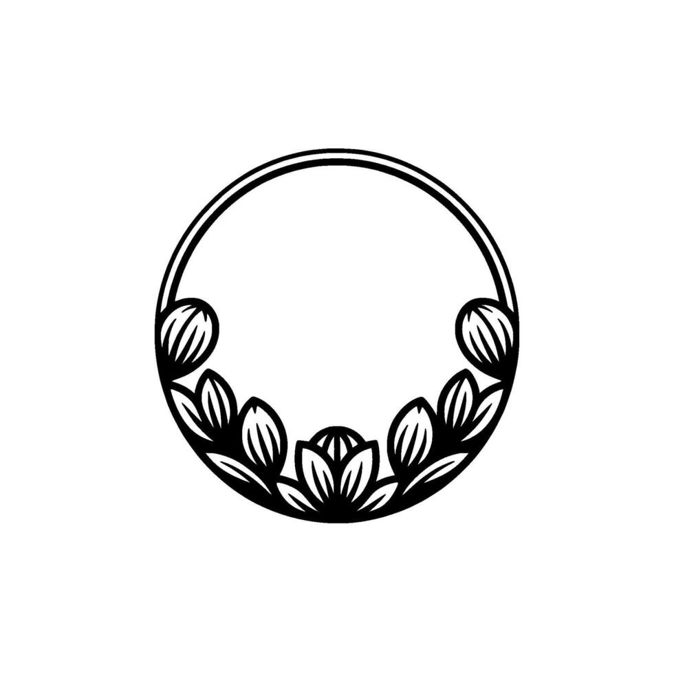 Elegant Floral Circle Frame in Black and White, Minimalist - Border vector