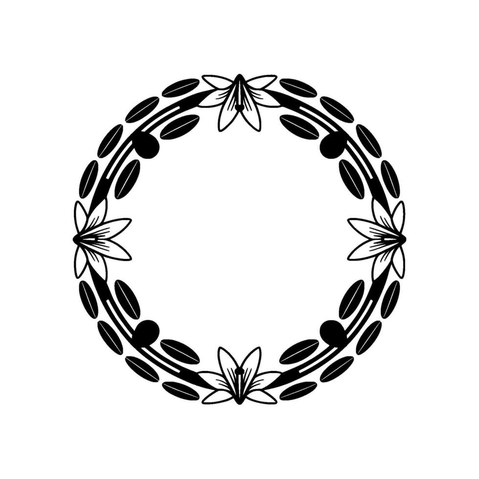 Elegant Floral Wreath in Black and White, Minimalist - Circle vector