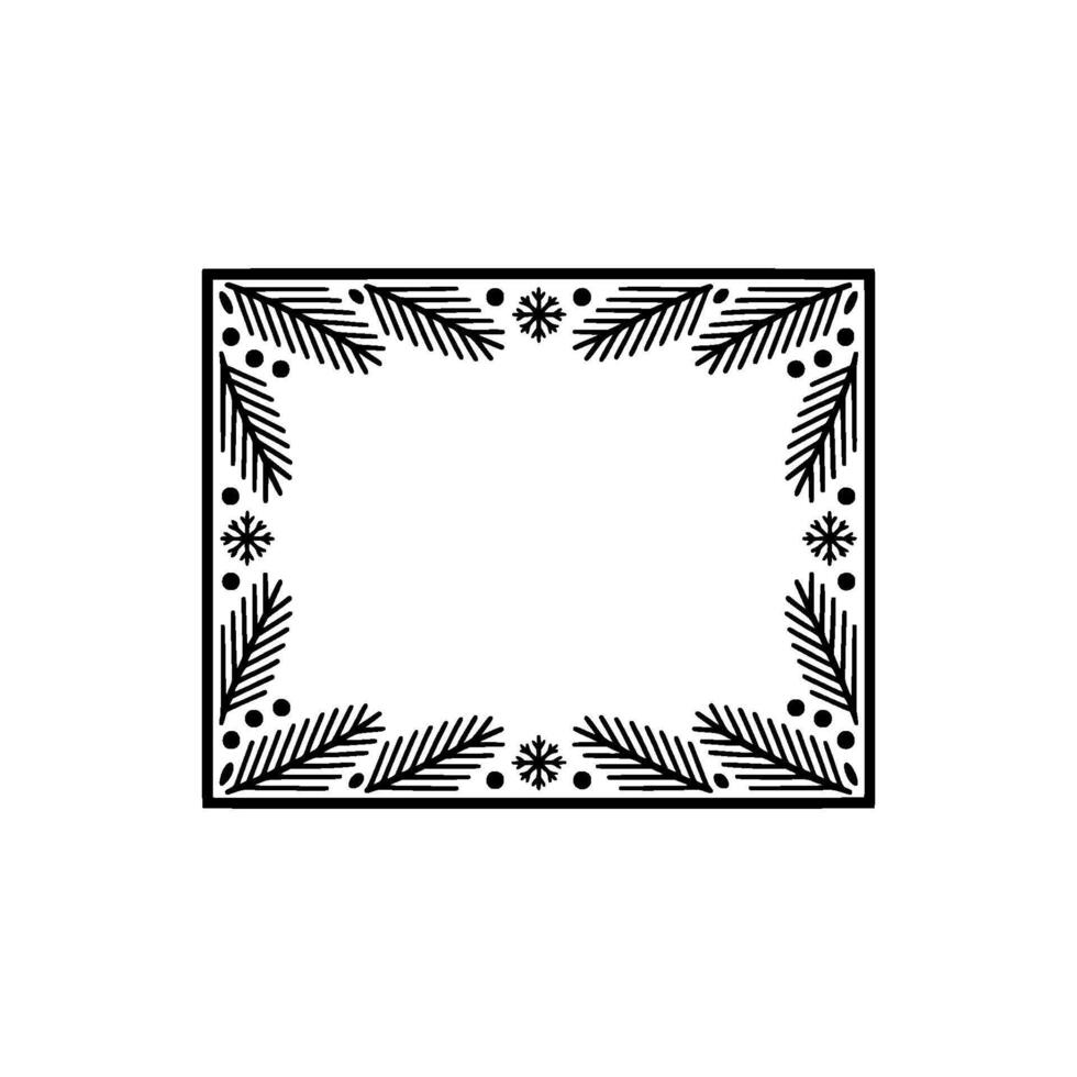 Elegant Minimalist Christmas Frame with Evergreen Snowflakes, Black White vector