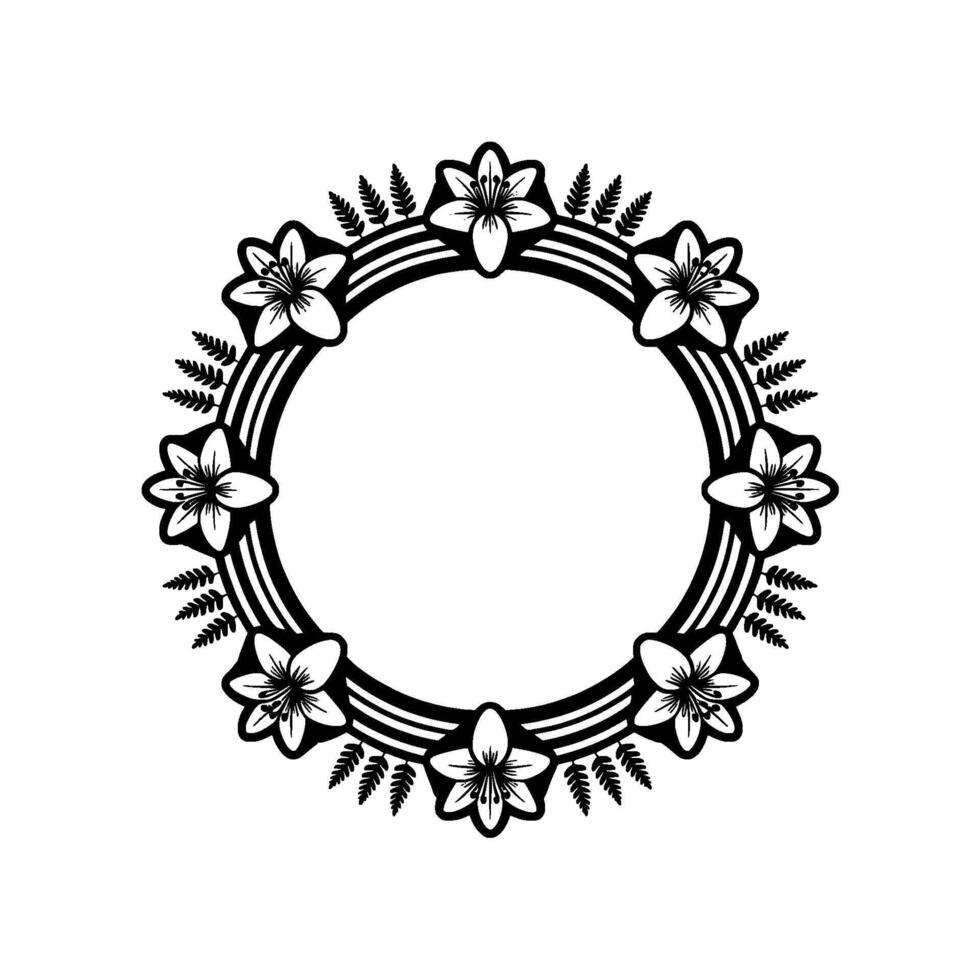 Floral Wreath Circle Frame, Black and White Minimalist - Border vector