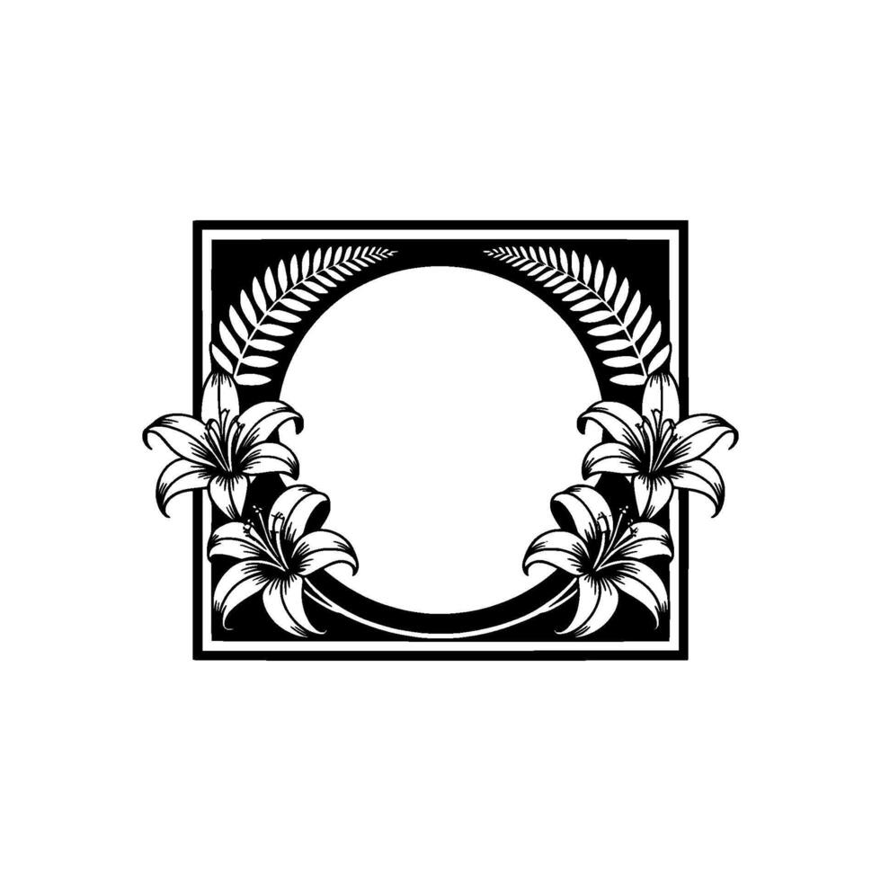 Elegant Floral Frame with Lilies Ferns, Black White. vector