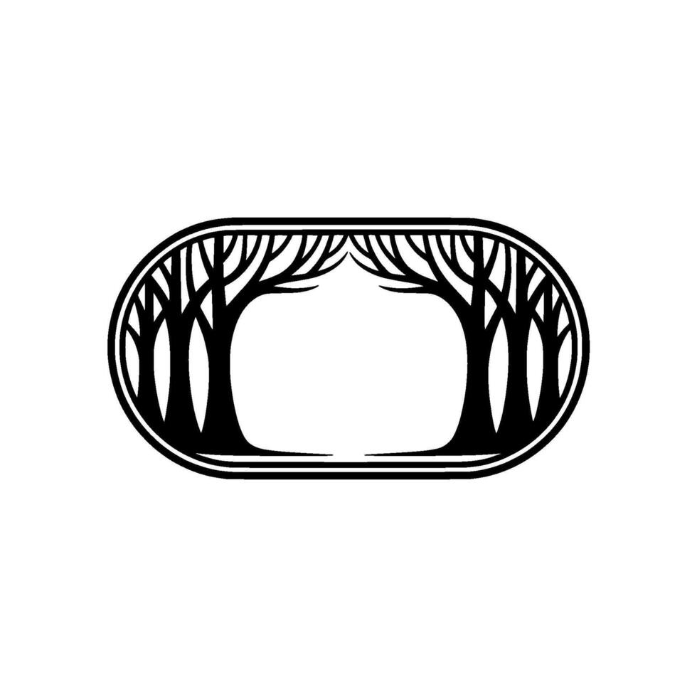 Minimalist Forest Frame - Black Trees in Oval - Clean vector
