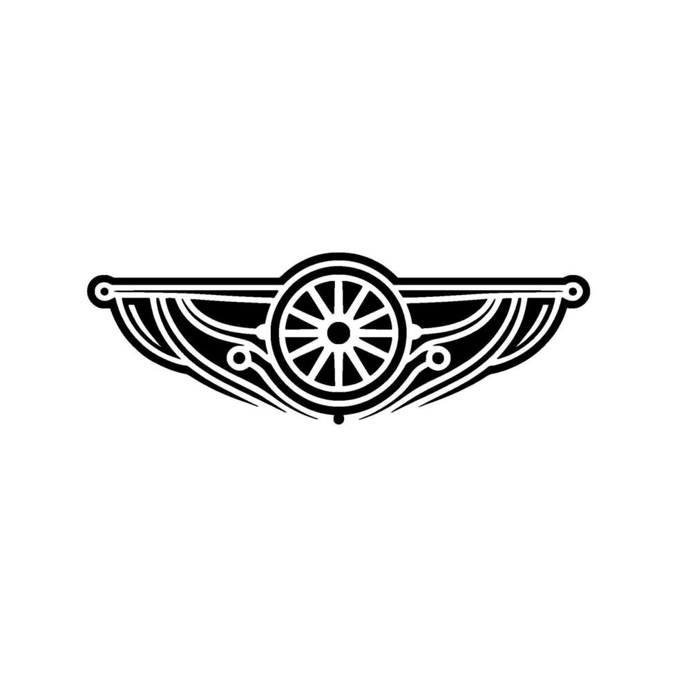 Black and White Emblem Wheel and Winged, Minimalist Style vector