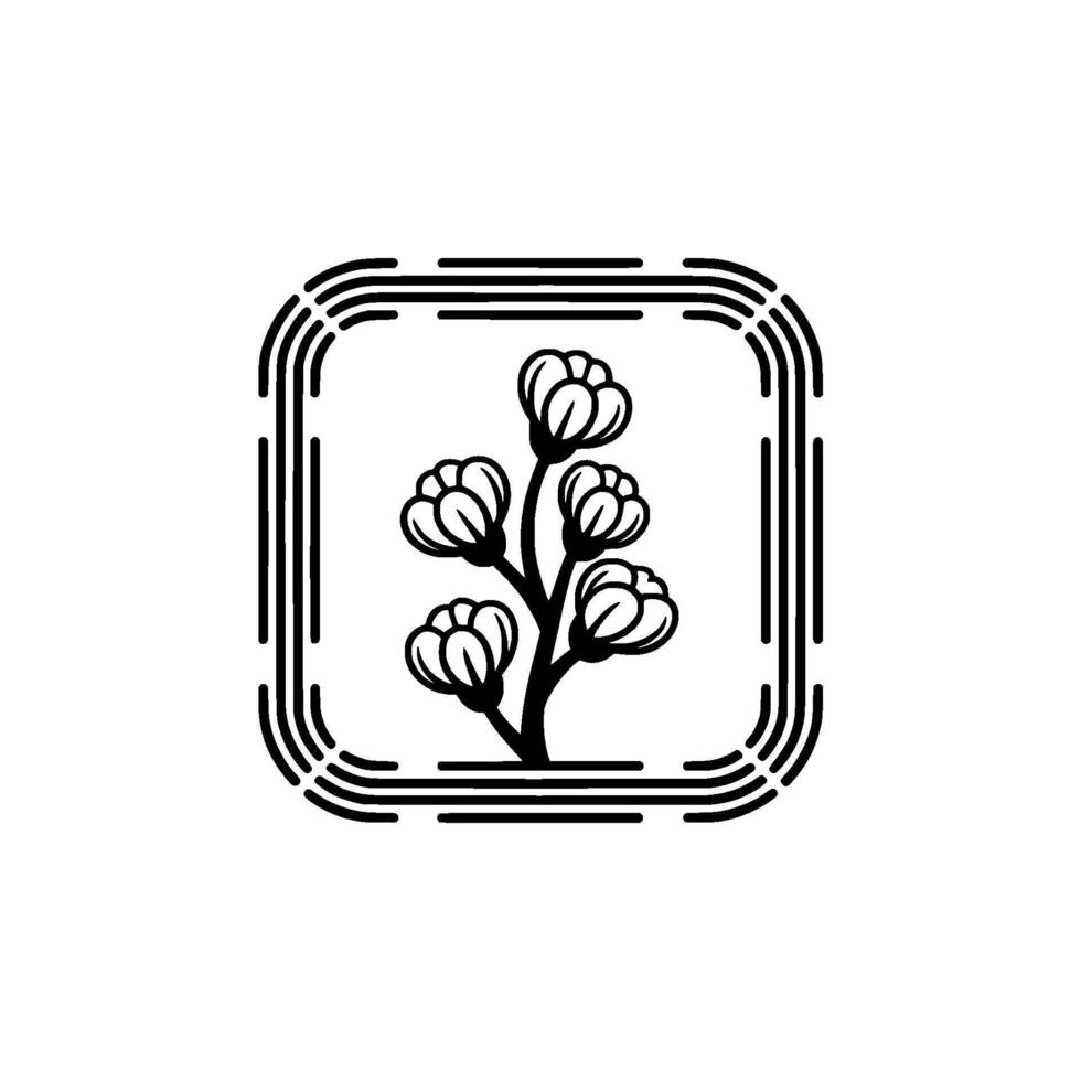 Minimalist Floral Emblem in Square Frame, Black and White vector