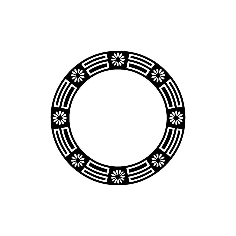 Geometric Circle Frame with Floral Motifs, Black and White vector