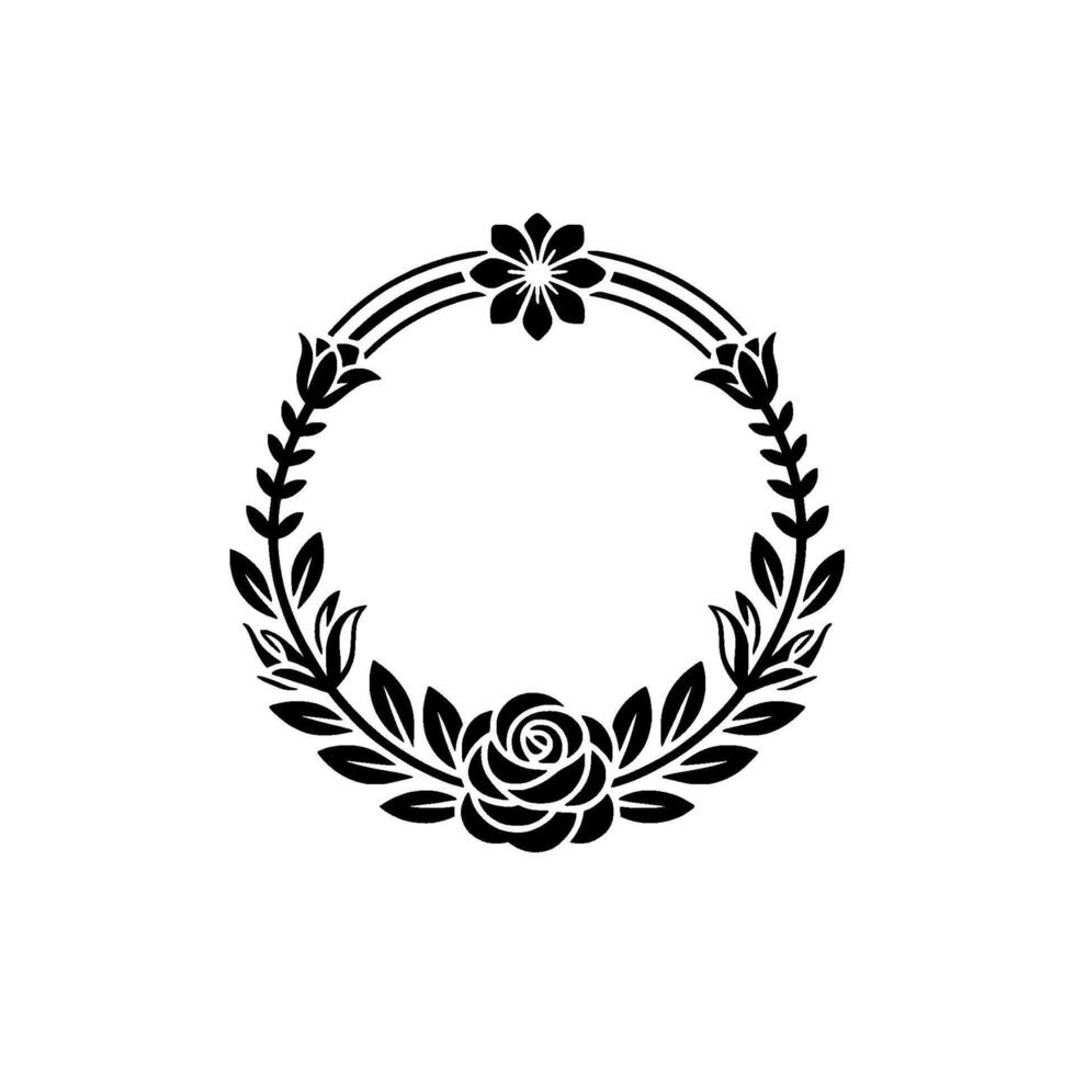 Elegant Floral Wreath Silhouette, Black and White, Decorative Circle Frame vector