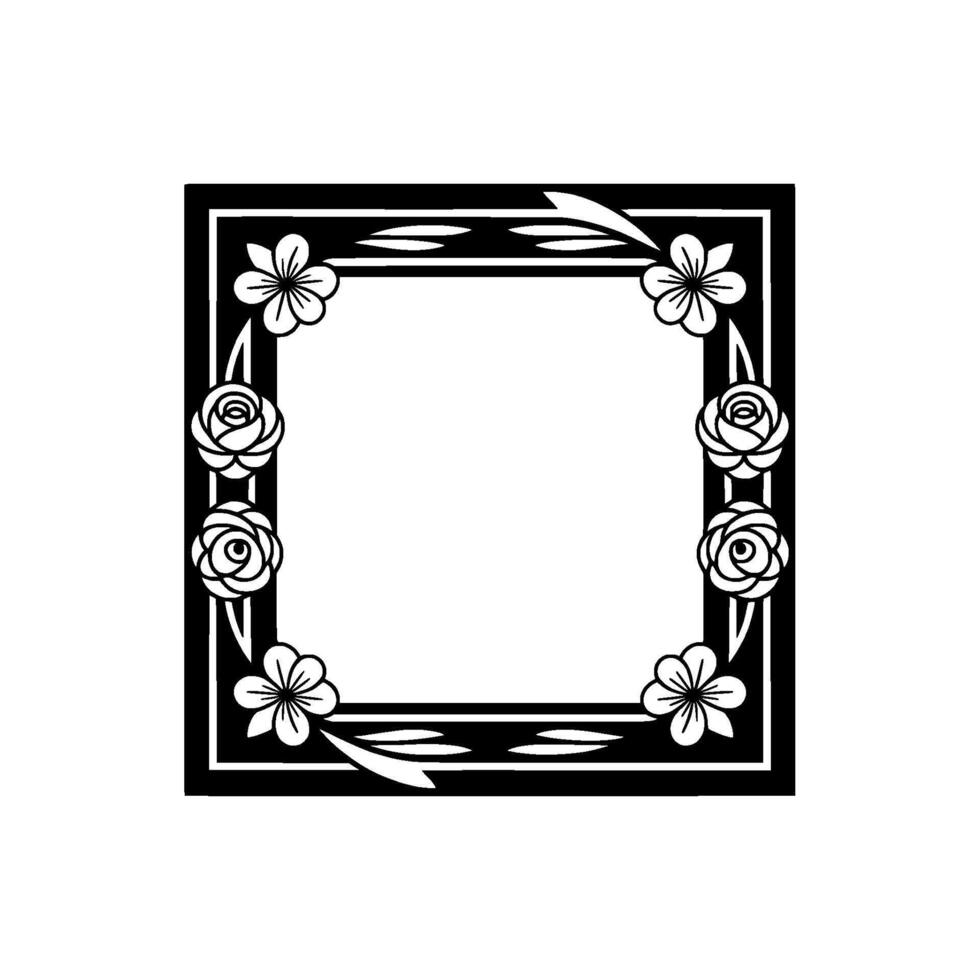 Elegant Floral Frame with Roses Blossoms, Black on White, Isolated vector