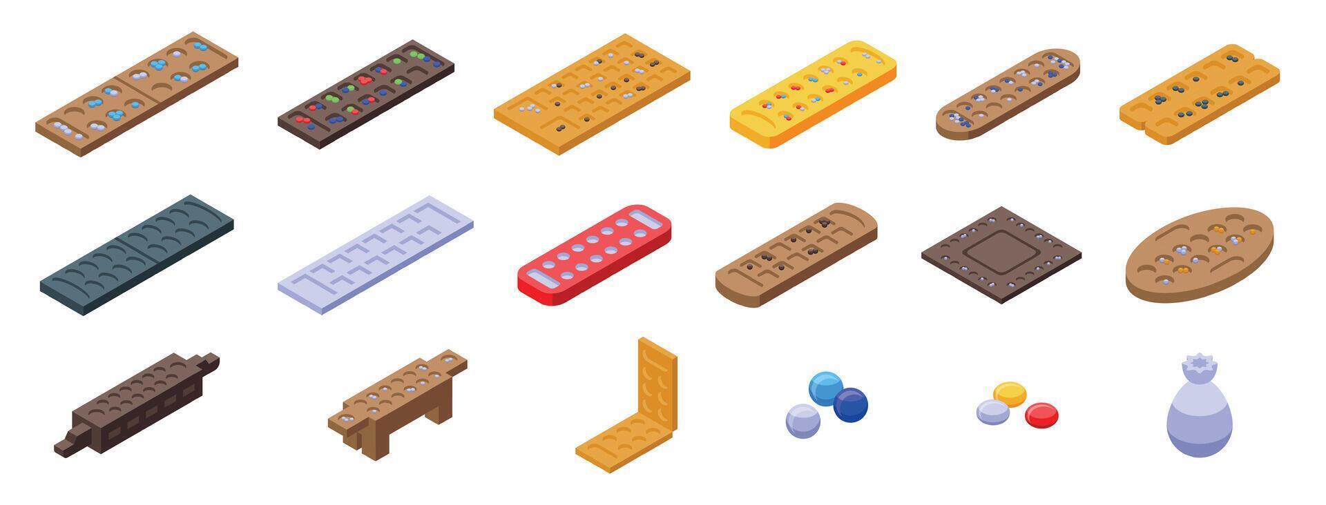 Mancala icons set. Mancala board game icons showing traditional african game in isometric view vector