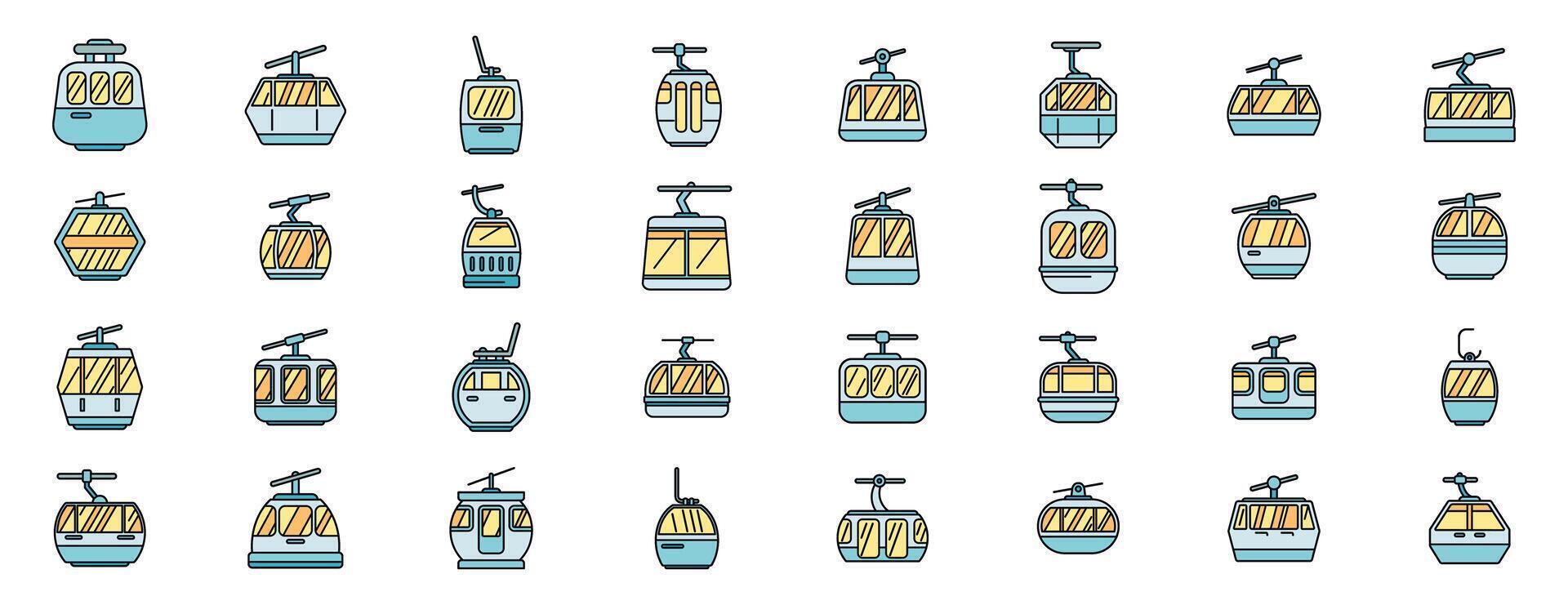 Funicular cable car gondola icons lifting passengers up mountain slopes vector
