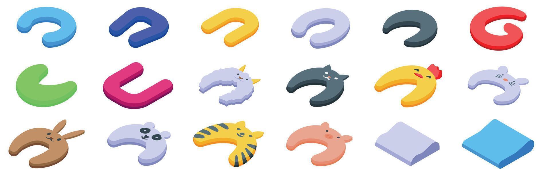 Neck pillow icons set. Colorful travel pillows set featuring animal designs for comfortable journeys vector