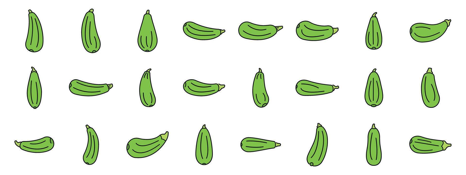 Set of green zucchini squash icons showing different positions and rotations vector