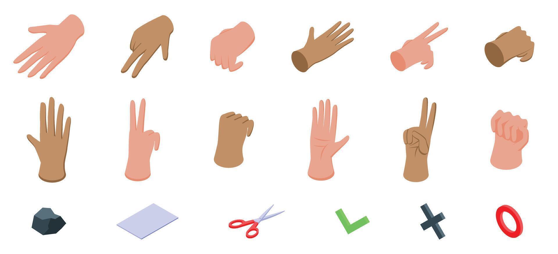 Rock paper scissors icons set. Hands gesturing, showing numbers, playing rock paper scissors, and giving feedback icons set vector