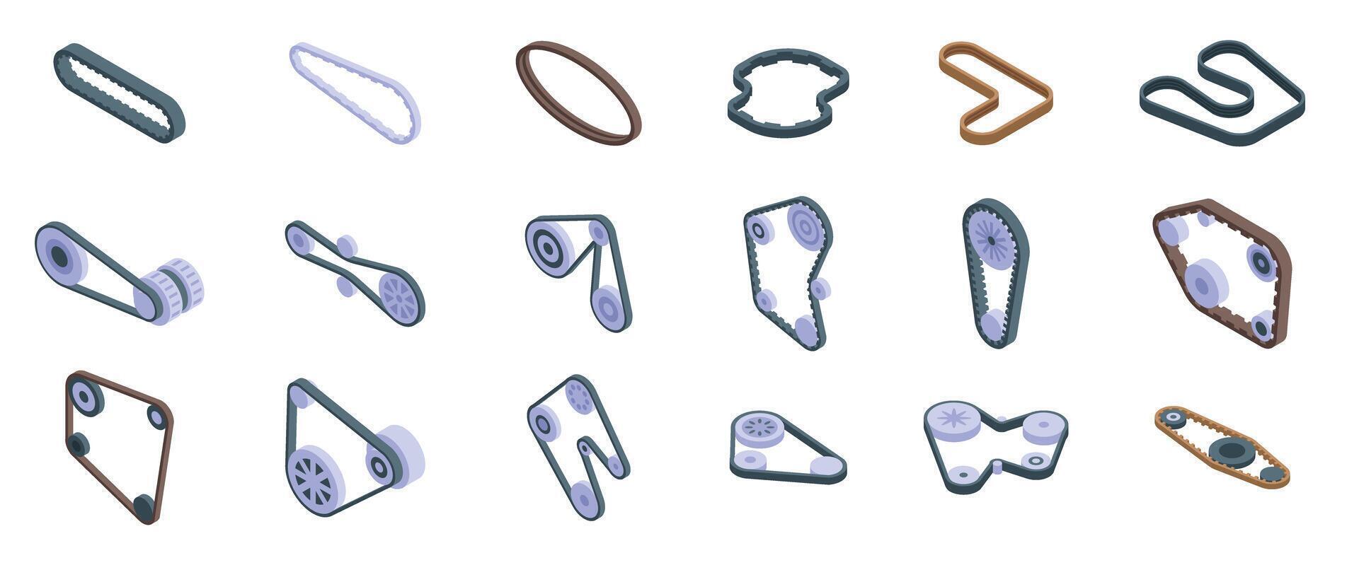 Engine belt icons set. Timing belt rotating gears and pulleys in isometric view vector