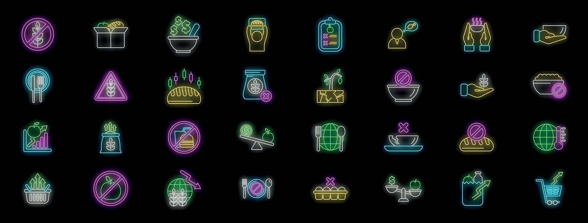 Neon icons representing food crisis, global hunger, and food insecurity issues vector