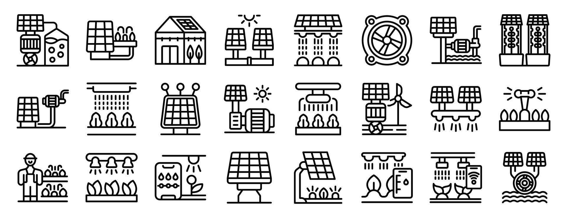 Solar-powered irrigation system icons set. Smart farming using solar energy panels powering irrigation, greenhouse, and water pumps vector